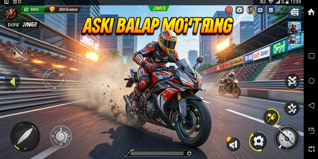 Tangkapan layar menunjukkan aksi balap motor yang mendebarkan di JIN69.