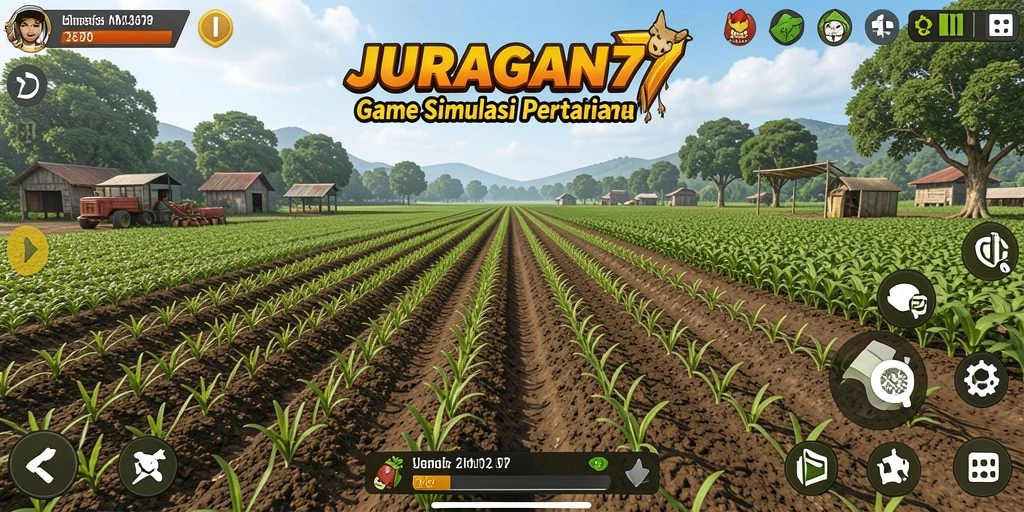 Tampilan gameplay JURAGAN77 yang menampilkan pertanian yang aktif.