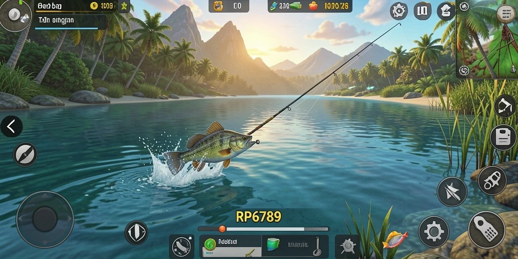 Screenshot RP6789 menampilkan pemain yang menangkap ikan di danau yang indah.