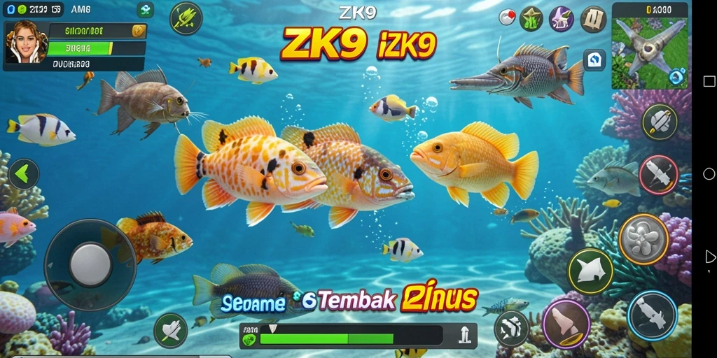Screenshot menarik dari gameplay ZK9 yang menampilkan aksi menembak ikan.